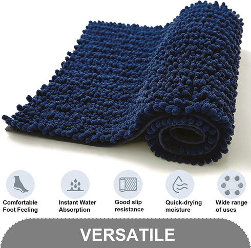 TEESHLY Luxury Chenille Bath Rug for Bathroom - Extra Soft Absorbent Thick Shaggy Bath Mat, Non Slip Machine Washable Plush Carpet Floor Mat for Tub, Shower, and Room (Navy, 32" x 20")