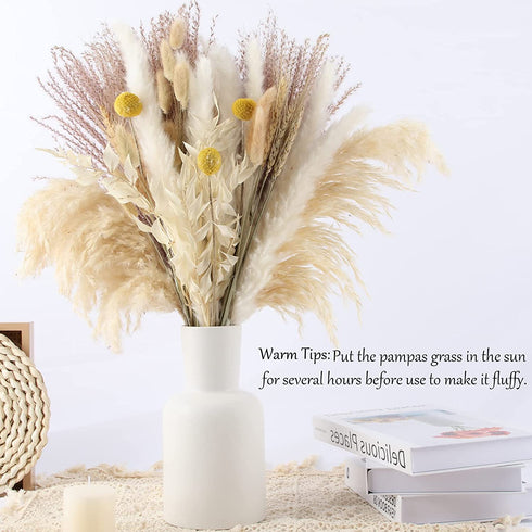 61Pcs Natural Dried Pampas Grass, 17" Tall Fluffy Pompous Grass Dried Flowers Bouquet Decor with Reed Grass/Wheats/Lagurus Ovatus/ for Boho Farmhouse Rustic Vase
