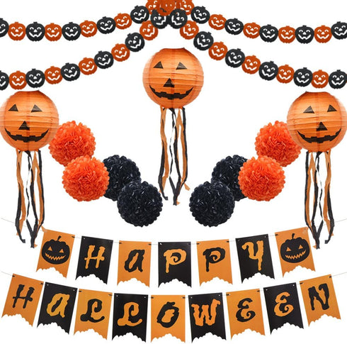 Halloween Party Decoration Kit, Orange Black Pumpkin Paper Garland Lantern Lamp Tissue Paper Pom Poms Flowers €œHappy Halloween Banner for Halloween Party Birthday Event Decorations