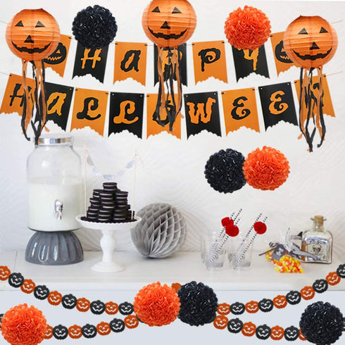 Halloween Party Decoration Kit, Orange Black Pumpkin Paper Garland Lantern Lamp Tissue Paper Pom Poms Flowers €œHappy Halloween Banner for Halloween Party Birthday Event Decorations