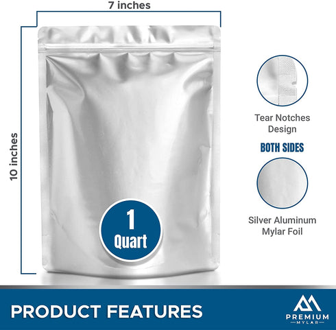 ProPremium 50 Mylar Bags 1 QUART - Thick 7.4 Mil - 7"x10" Airtight Vacuum Sealing Sealable Mylar Bags for Long Term Food Storage - Odor Free Heat Resistant - Light and Moisture Proof Fresh Saver Packs