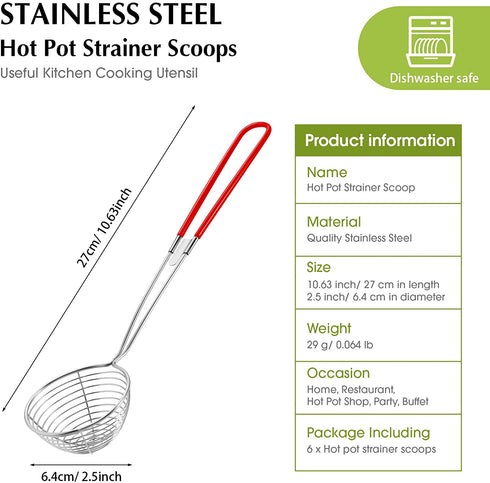 Hot Pot Strainer Scoops, Stainless Steel Hot Pot Strainer Spoons 2.5 inch Mini Mesh Skimmer Spoon Asian Strainer Ladle with Handle for Home (Red,6 Pieces)