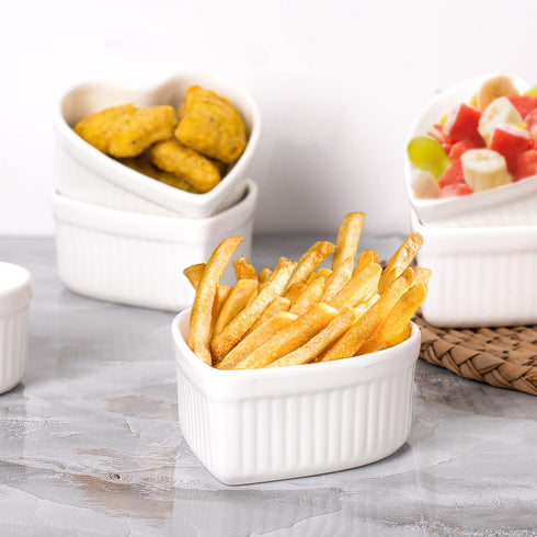 Delling Creme Brulee Ramekins 6 Oz Oven Safe- Porcelain Creme Brulee Set -Heart Shaped Ramekins for Souffle Baking Dish, Dessert/Dipping Bowls for Pudding, Valentines Day Gifts- Set of 6, White