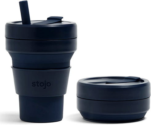 Stojo Collapsible Travel Cup With Straw Denim Blue, 16oz / 470ml - Reusable To-Go Pocket Size Silicone Bottle for Hot and Cold Drinks - Perfect for Camping and Hiking - Microwave & Dishwasher Safe
