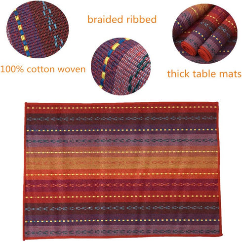 Red-A Hand Woven with 100% Cotton Placemats Colorful Placemats Braided Ribbed Durable Heat-Insulation Table Mats Set of 6,Rainbow