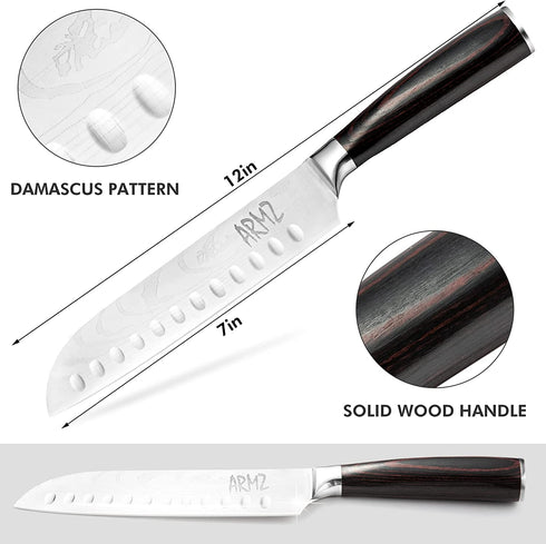 ARMZ Santoku Knife - Dishwasher Safe Japenese Chef Knife - Rust Resistant - 7 Inch - Multifunctional Chopping Knife for Meat and Vegetables - Includes Pakkawood Handle and Gift Box