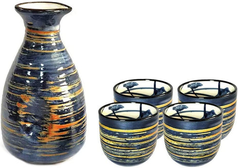Sake Set Blue Japanese 5 Pcs Traditional Japan Sake Cup Set Hand Painted Design Porcelain Pottery Ceramic Cups Crafts Wine Glasses Gifts (Blue Rich, 300 ML)