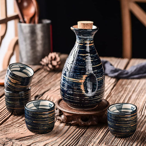 Sake Set Blue Japanese 5 Pcs Traditional Japan Sake Cup Set Hand Painted Design Porcelain Pottery Ceramic Cups Crafts Wine Glasses Gifts (Blue Rich, 300 ML)