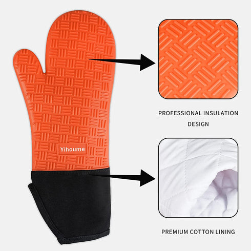 Oven Mitts and Pot Holders Sets,Yihoume 500„‰ Heat Resistant Extra Long Professional Silicone Oven Mittens with Mini Oven Gloves and Basting Brush,for Cooking,Baking,BBQ (Orange)