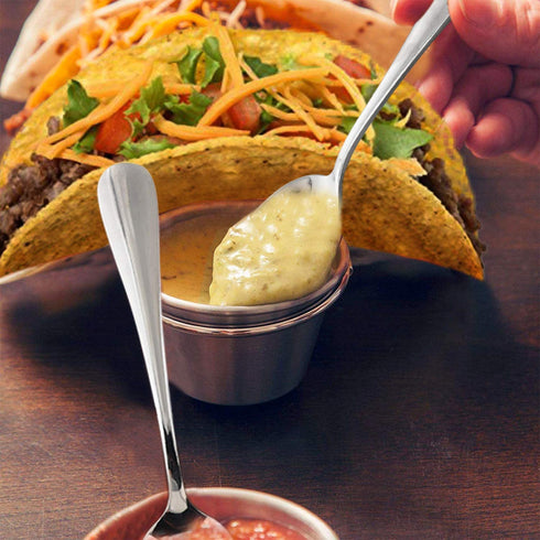 Upgrade Taco Shell Stand Up Holders- 2 Pack Premium Stainless Steel Taco Tray with 4 Salad Cups & 2 Spoons,Holds 3 Tacos Each Keeping Shells Upright & Neat