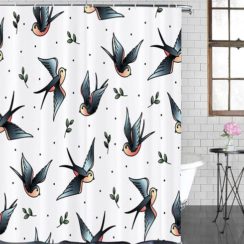 GETTOGET Swallows Heart Valentine's Day Shower Curtain Bathroom Sets with 12 Hooks, Eco-Friendly, No Odor Rust Proof Grommets