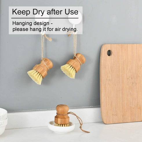 SUBEKYU Bamboo Dish Scrub Brush for Kitchen Sink, Natural Wooden Washing Dish Brush Scrubber, Sisal Bristles Brush for Household Cleaning Cast Iron Brush Pots, Pans and Vegetables