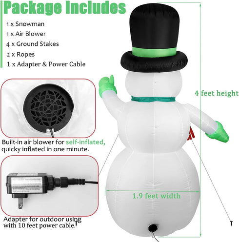 Thanger Christmas Inflatables Snowman Outdoor Yard Decorations, Christmas Blow Up Decoration, 4 FT Inflated Snowman with LED Lights, IP44 Weather Proof, Xmas Kids Gift for Winter Holiday Lawn Patio
