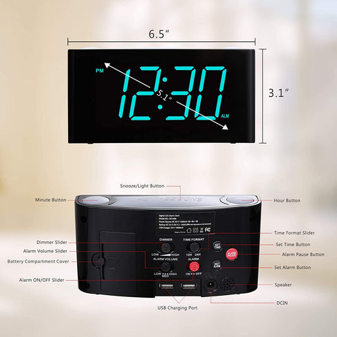 Rocam Digital Alarm Clock for Bedrooms - Large 7" LED Display with Dimmer, Snooze, 7 Night Light, Easy to Set, USB Chargers, Battery Backup, 12/24 Hour for Kids,Boys,Teens,Heavy Sleepers(Blue)