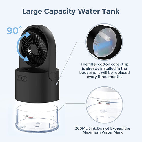 Cool Mist Air Diffuser, toberto 3 Speeds Rechargeable Portable Personal Mist USB Quiet Mini Fan Black