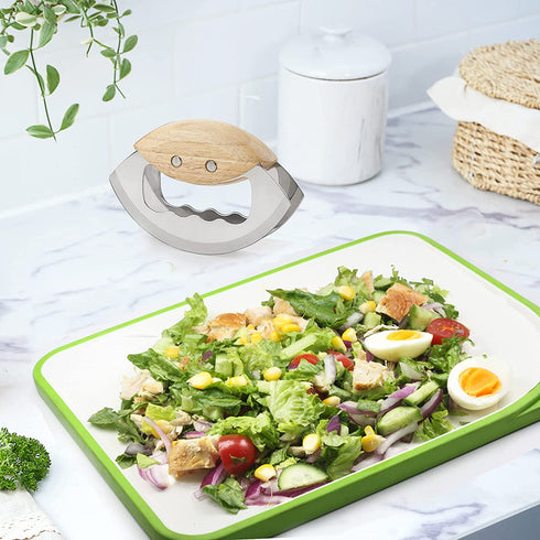 Jawanfu Hand Salad Chopper, Double Blade Sharp Mezzaluna Chopper with Protective Covers, Wooden Handle Mincer Knife, Metal Vegetable Chopper for Chopped Salad (Black)