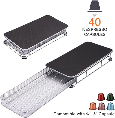 Coffee Pods Holder Storage Drawer for Nespresso Capsules, 40 Coffee Capsule Organizer Stand, Metal Storage Coffee Machine Base