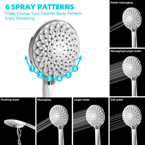 Rareidel Shower Head with Handheld, 6 Spray Settings High Pressure Handheld Shower Head, Built-in Power Wash to Clean Tub, Tile and Pet, Adjustable Bracket