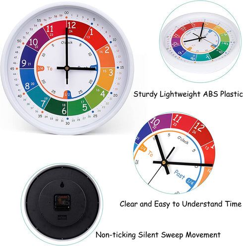 Telling Time Teaching Clock Silent Non Ticking Wall Clock-Learning Clock for School Classroom Playroom Bedroom (12 inch)