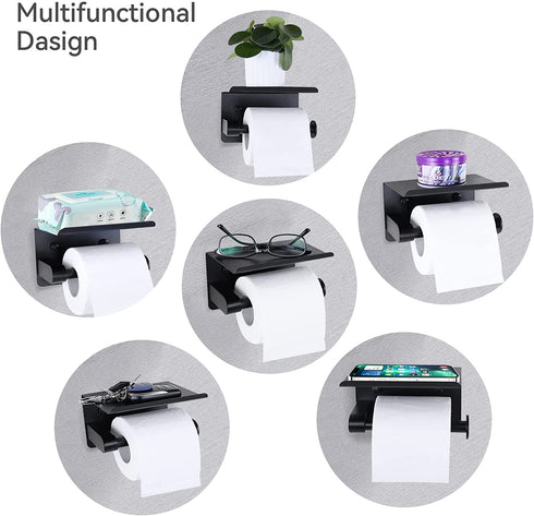 Toilet Paper Holder, CUPAN Adhesive Toilet Paper Holder with Shelf, Stainless Steel Wall Mounted Tissue Roll Paper Dispenser Holder, Washroom Bathroom Matte Black Toilet Paper Roll Holder