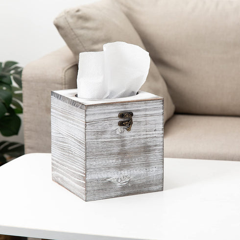 Distressed Farmhouse Square Solid Wood Tissue Box Cover with Slide-Out Bottom Panel Honey Brown Tissue Box Holder for Bathroom Living Room Dining Room Bedroom Toilet (Grey White)