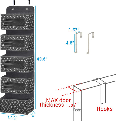 Over The Door Hanging Organizer with 5 Large Pockets,Foldable Wall Mount Fabric Storage with Clear Window and 2 Metal Hooks for Pantry,Closet,Kitchen,Nursery,Bathroom,Dorm-49.6x12.2x5 inches(Grey)