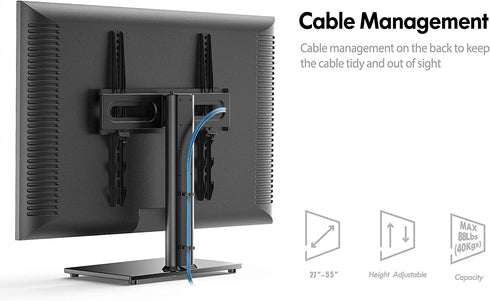 FITUEYES Swivel Universal TV Stand Table Top TV Base for 27 to 55 Inch LCD LED Flat Screen TV Height Adjustable Television Stands with Black Tempered Glass Base VESA 400x400mm Holds Up to 88 Pounds