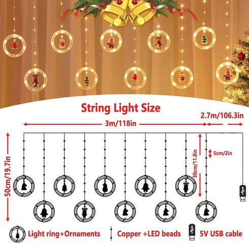 Christmas Window Lights, 120LED 18ft Curtain Fairy String Lights with 10 Santa Claus Ornaments, Christmas Tree Lights for Indoor Outdoor Wedding Party Decorations
