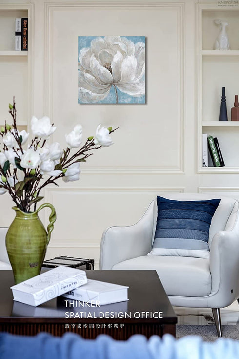 Yelash Bathroom Wall Decor Flower Picture - White Floral Blossom Painting Canvas Wall Art for Bedroom - Abstract Painting Framed and Easy to Hang 14''X14''