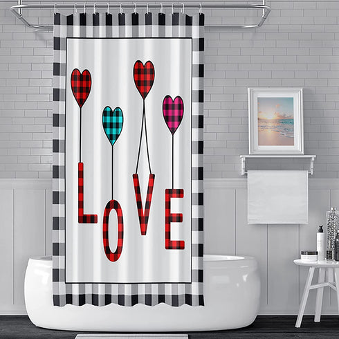 Happy Valentine's Day Shower Curtain Red Love Heart with Buffalo Plaid Love Farmhouse Shower Curtains for Couple Lover Bathroom Home Decor 72x72 Inch Waterproof Fabric with Hooks