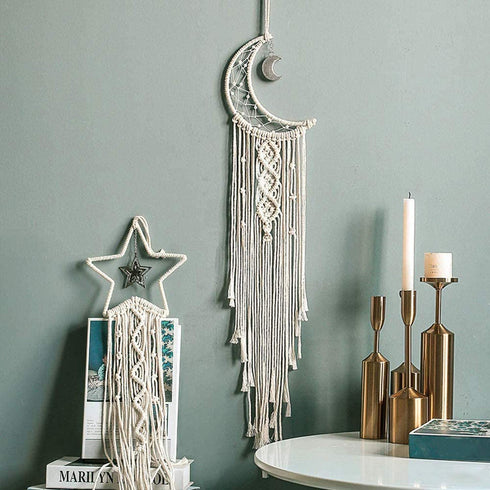 Dream Catcher, Aesthetic Room Decor for Teen Girls, Handmade Moon and Star Dream Catchers with Lights, Bohemian Macrame Cotton Woven Wall Hanging for Home Dorm Decorations Ornament Craft Gift (2 PCS)