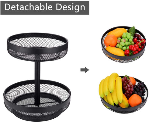 IBERG 2 Tier Fruit Basket Mesh Fruit Bowl - Basket Stand for Fruits Vegetables Bread Snacks (Black)