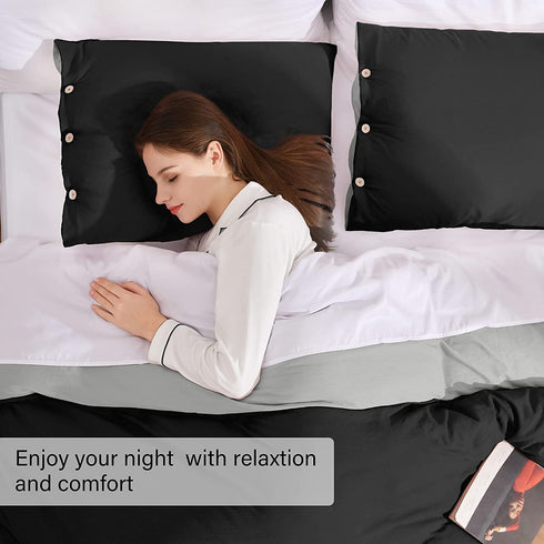 Basic Beyond Duvet Cover King Size, Washed Microfiber Black/Grey Duvet Cover Set with Coconut Button Closure - 3 Pieces (1 Duvet Cover & 2 Pillowcases)