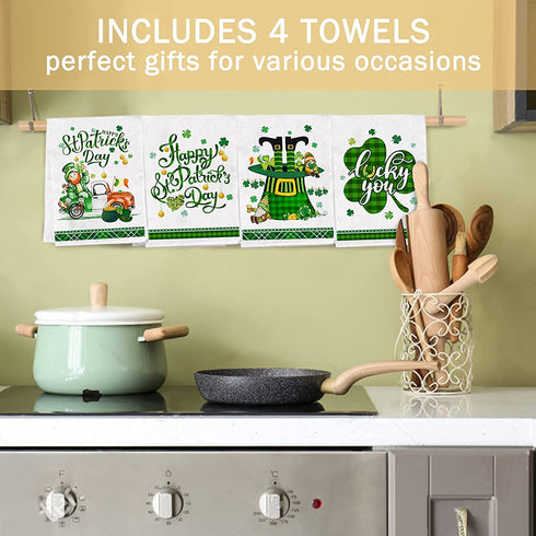St Patricks Day Kitchen Towels and Dishcloths Set of 4, Happy St. Patrick's Day Dish Towels, Leprechaun Gnomes Irish Green Truck Hat Shamrocks Tea Hand Towels Housewarming Gifts for Home Decorations