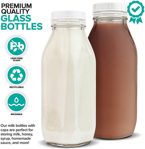 16-Ounce Glass Milk Bottles (2 Pack) - 6 Tamper Proof Screw-On Caps - Milk Jars with Lids - Food Grade Glass Bottles - Dishwasher Safe - Bottles for Milk, Buttermilk, Honey, Syrup - Stock Your Home