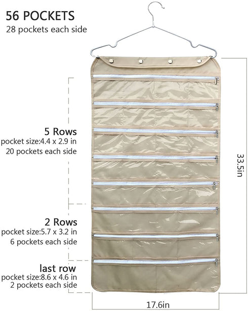 BB Brotrade Hanging Jewelry Organizer with Oxford Dual Side 56 Zippered Storage Pocket?Beige?