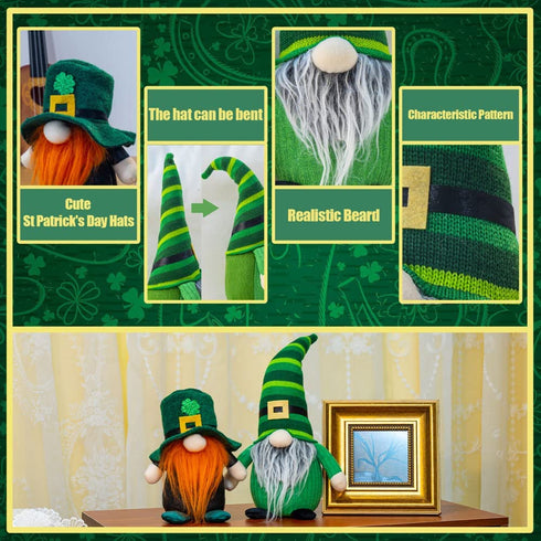 unanscre St Patricks Day Gnomes Plush Elf Decorations - 2PCS Different Hats Handmade Green Irish Gnome Scandinavian Tomte Leprechaun for St Patricks Day Home Decor, St.Patrick's Day Table Ornament