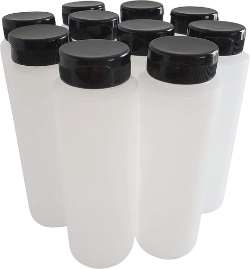 kelkaa 8oz HDPE Plastic Squeeze Bottles with Wide Mouth Opening, Black Flip Top Caps for Condiments and Any Thick Liquid Products, Multi Purpose Refillable Empty Bottles (Pack of 10)