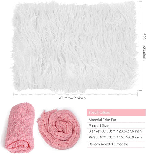 4 Pcs Newborn Photography Props Outfits- Baby Long Ripple Wrap and Toddler Swaddle Blankets Photography Mat with Cute Headbands for Infant Boys Girls(0-12 Months) (White)