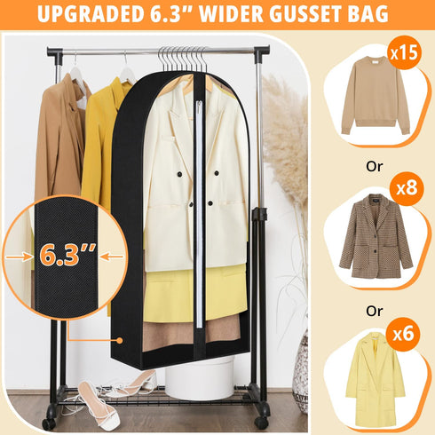 FADOTY 40" Hanging Garment Bag for Storage 6.3" Gusseted Garment Bags for Hanging Clothes Storage Jacket Covers for Closet with Zipper Clear Garment Cover Dustproof for Coats Sweaters, 3 Pack, Black