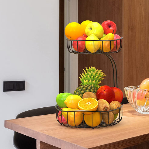 Updated - MaraFansie 2 Tier Countertop Fruit Basket with Banana Hanger, Bread Vegetables Fruit Bowl Wire Basket Kitchen Decor, Black