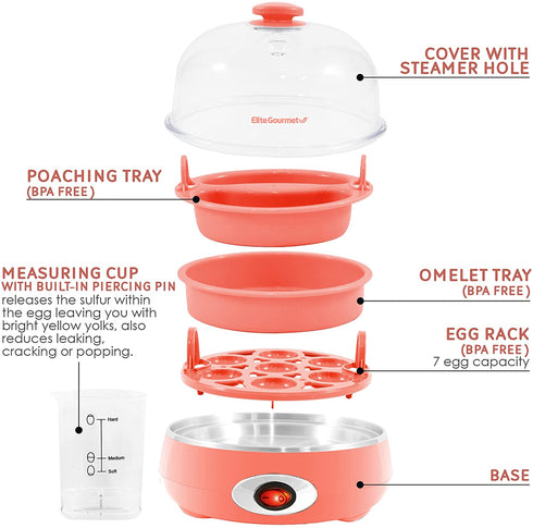 Elite Gourmet EGC007C Rapid Egg Cooker, 7 Easy-To-Peel, Hard, Medium, Soft Boiled Eggs, Poacher, Omelet Maker, Auto Shut-Off, Alarm, 16-Recipe Booklet, BPA-Free, Coral