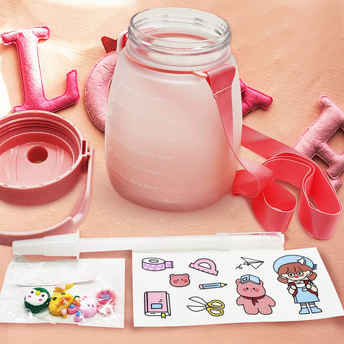 AGUDOU Cute Water Bottles with Straw, Sports water bottle with times to drink, Portable Large-Capacity Straw Cup/Pot Belly Cup Student Children Water cups with Random Stickers