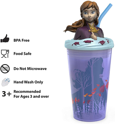 Zak Designs Disney Frozen 2 - Funtastic Tumbler Set with Straw and Unique 3D Character on Lid, Screw-On Lid with Durable Straw Keeps Liquids In (Elsa & Anna, 15 oz, BPA-Free, 2pc Set)