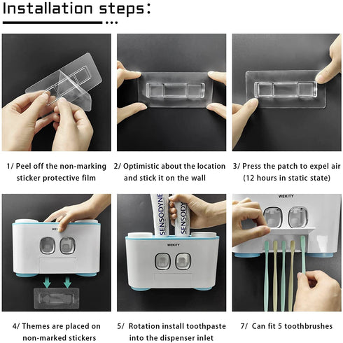 WREWING Toothbrush Holder Multi-Function Wall-Mounted Automatic Toothpaste Dispenser and Dust-Proof Toothbrush Holder with 5 Brush Slots 4 Cups 2 Automatic Toothpaste Dispensers 1 Storage Slot For Bat