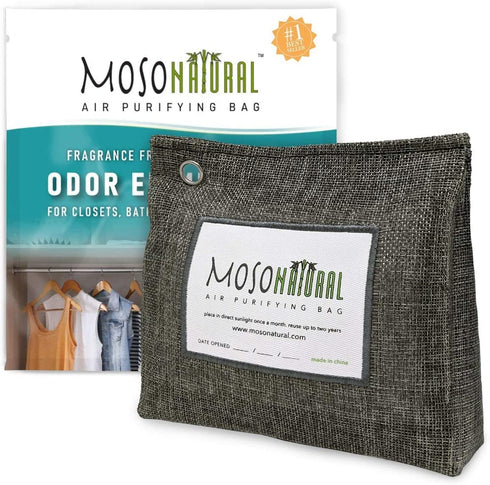 MOSO NATURAL: The Original Air Purifying Bag. 300g Stand Up Design. For Closets, Bathrooms, Pet Areas. An Unscented, Chemical-Free Odor Eliminator (Charcoal)