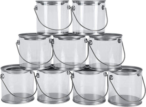 Hedume 9 Pack Mini Clear Plastic Paint Cans, 3-Inch Tall Crafts and Party Favor Cans, Paint Can Containers with Metal Lids Great for Party Decor and DIY