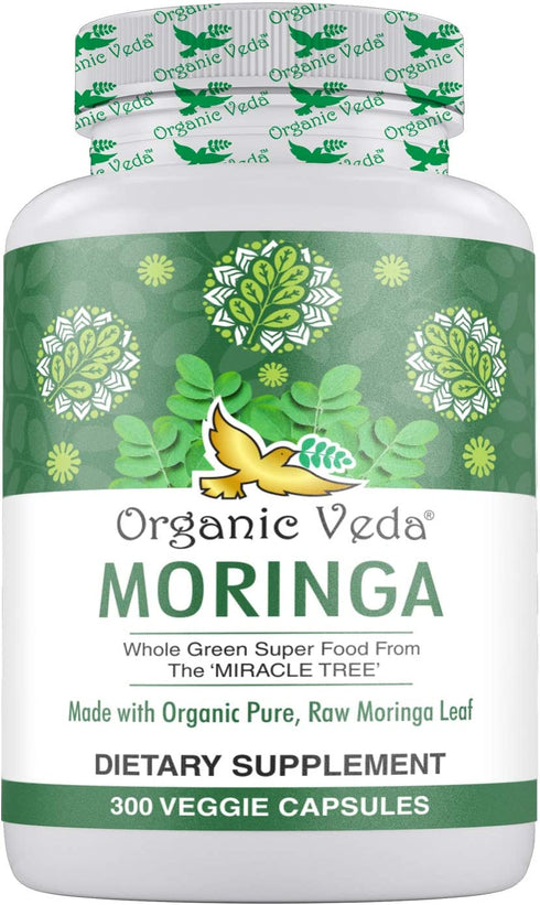 Organic Veda Moringa Capsules – 100% Pure Moringa Supplement Made from Organic Raw Dried Moringa Leaf - Non-GMO Whole Green Super Food Nutrition (300 Count)