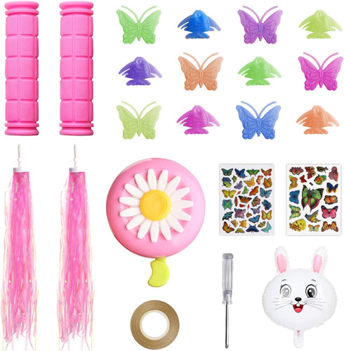 BAPHILE Bike Accessories for Kids Girls Bike Bicycle Decorations Including Pink Bike Handlebar Grips, Bike Streamers, Butterfly Bike Wheel Spokes, Flower Bell and Stickers,Rabbit Balloon