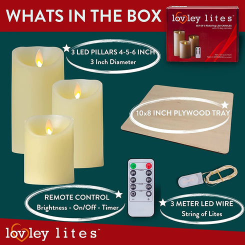 Lovley Lites Set of 3 LED Pillar Candles - 4,5,6 Inch Tall Flickering Flameless Candles + Wire Fairy Lights + Wood Tray, Safe Elegant Smart Battery Candles with Remote Control